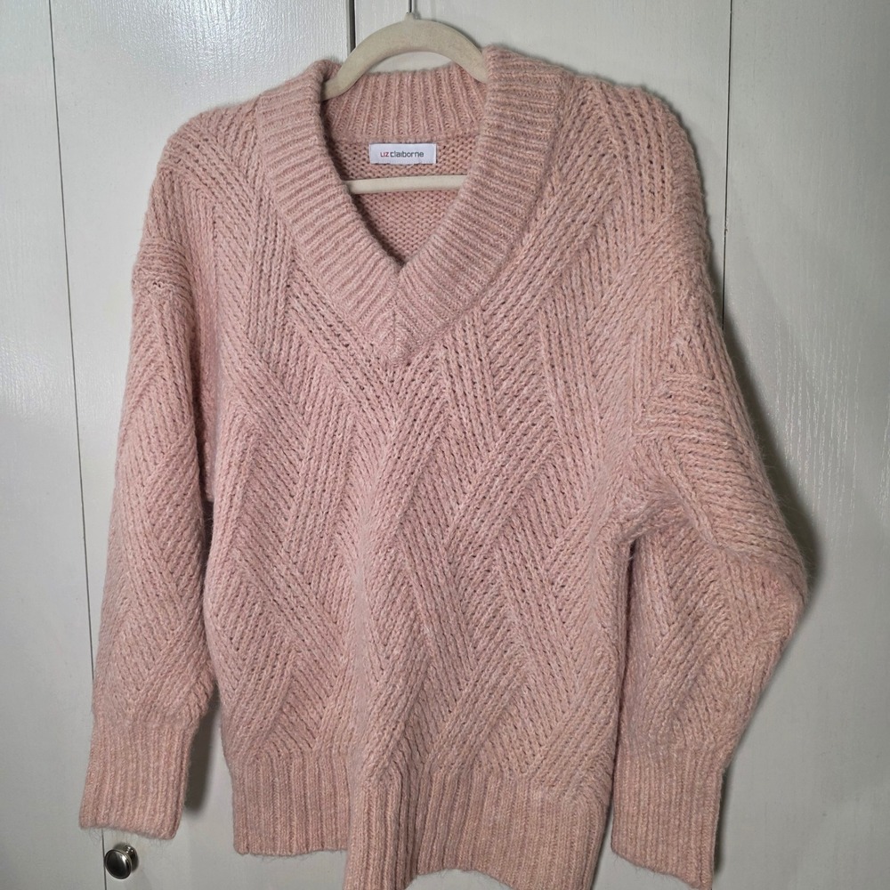 balletcore Liz Claiborne Sweater Women Pink V-Neck Chunky Knit Chevron softgirl - Picture 2 of 8